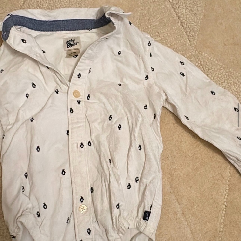 White corduroy button up longsleeve with penguins all over baby bgosh boys
